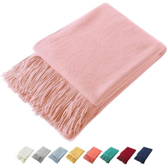 Decorative Knitted Throw Blanket with Fringe, Lightweight Blanket Acrylic Knit - Picture 1 of 7
